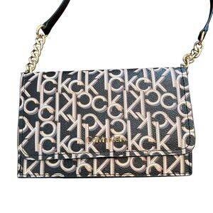 Calvin Klein Black Multi Crossbody Bag Purse Key Item Flap Signature